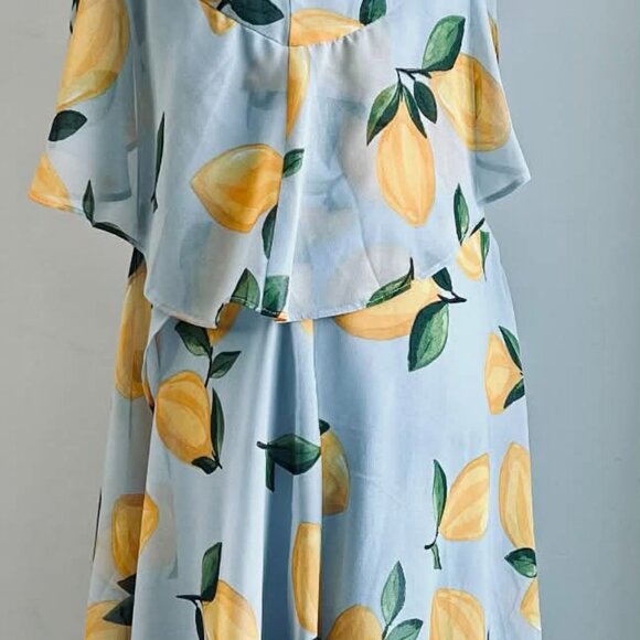 Melanie Lyne Icy Blue Lemon Print Asymmetrical Overlay Chiffon Maxi Dress – US 2 - Picture 5 of 15